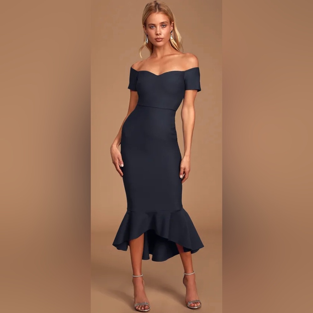 NWT Lulu’s How Much I Care Midnight Blue Off-the-Shoulder Midi Dress